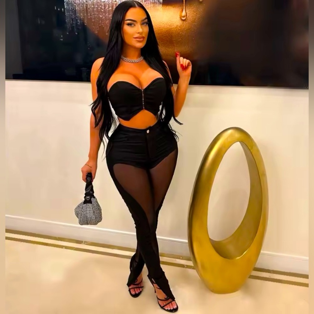 Black Two Piece Crop Top Set.